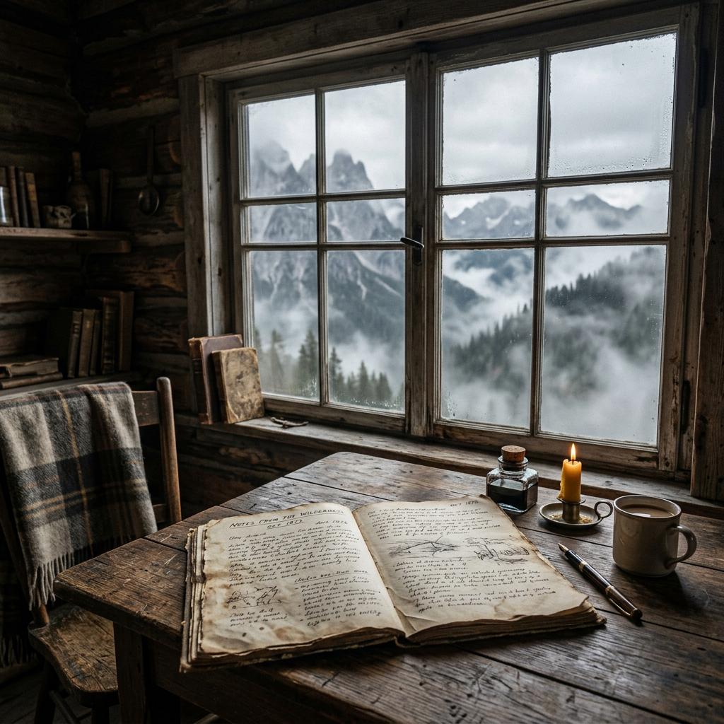 Open journal with handwritten notes on wooden table near window showing foggy mountain peaks