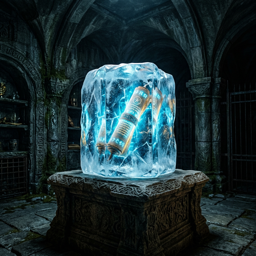 A glowing magical scroll frozen inside a block of ice on an ornate stone pedestal
