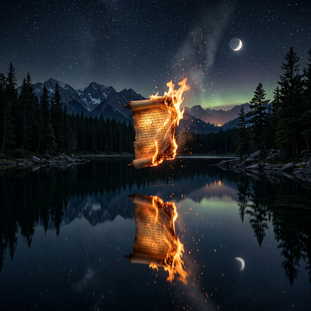 Ancient scroll on fire floating above a lake with mountain and forest reflection at night