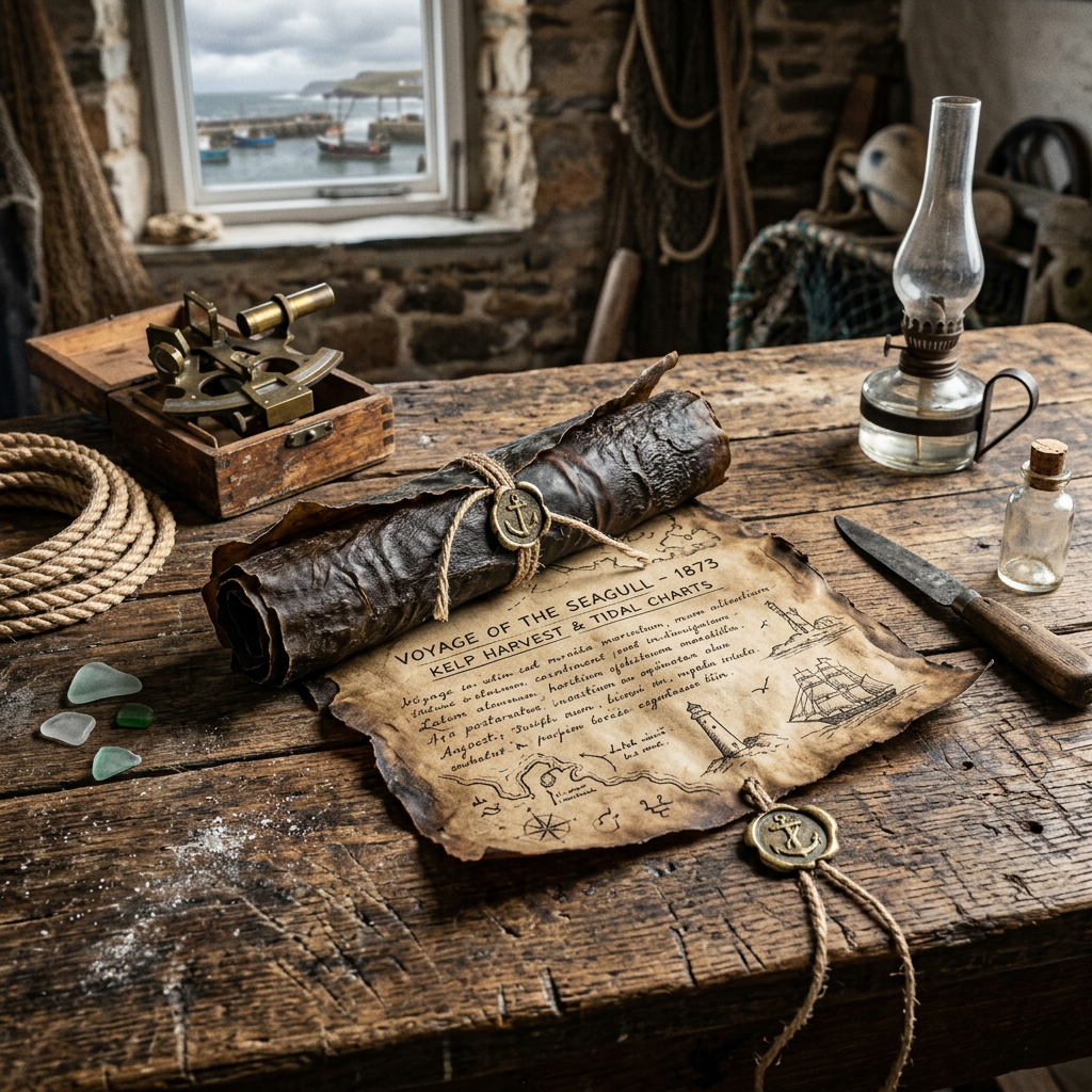 Antique nautical map titled Voyage of the Seagull 1873 with navigational tools on wooden table