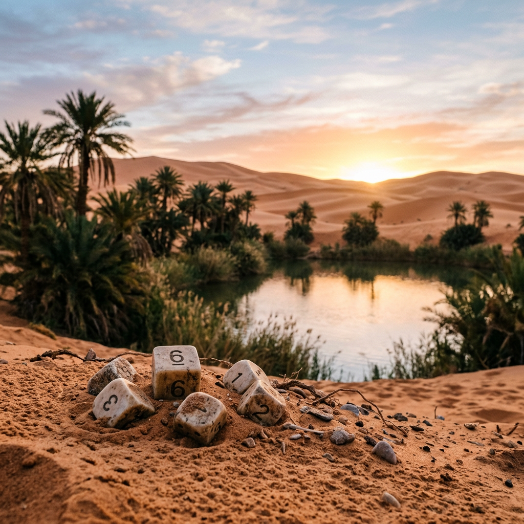 White numbered dice scattered on desert sand near a lush oasis at sunset