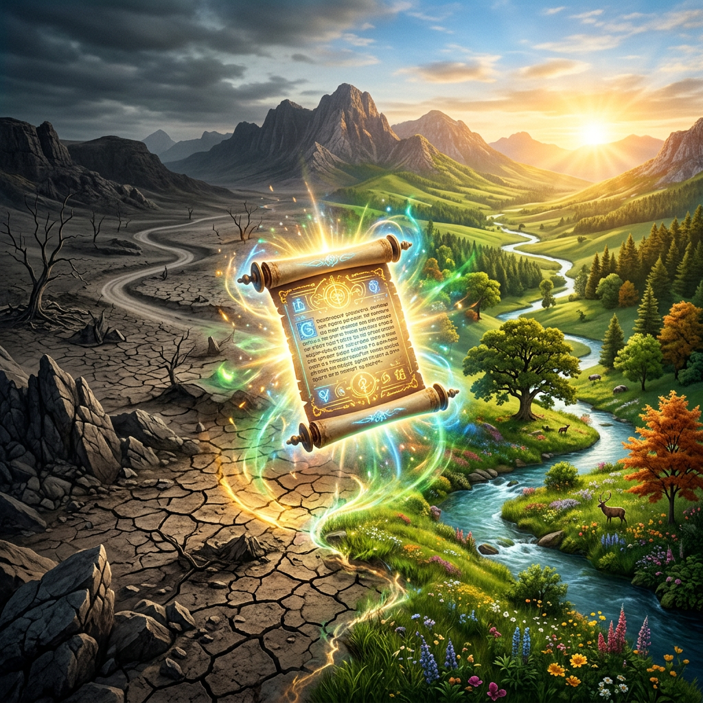 A glowing magical scroll floating between a barren cracked land and a lush green valley with a river