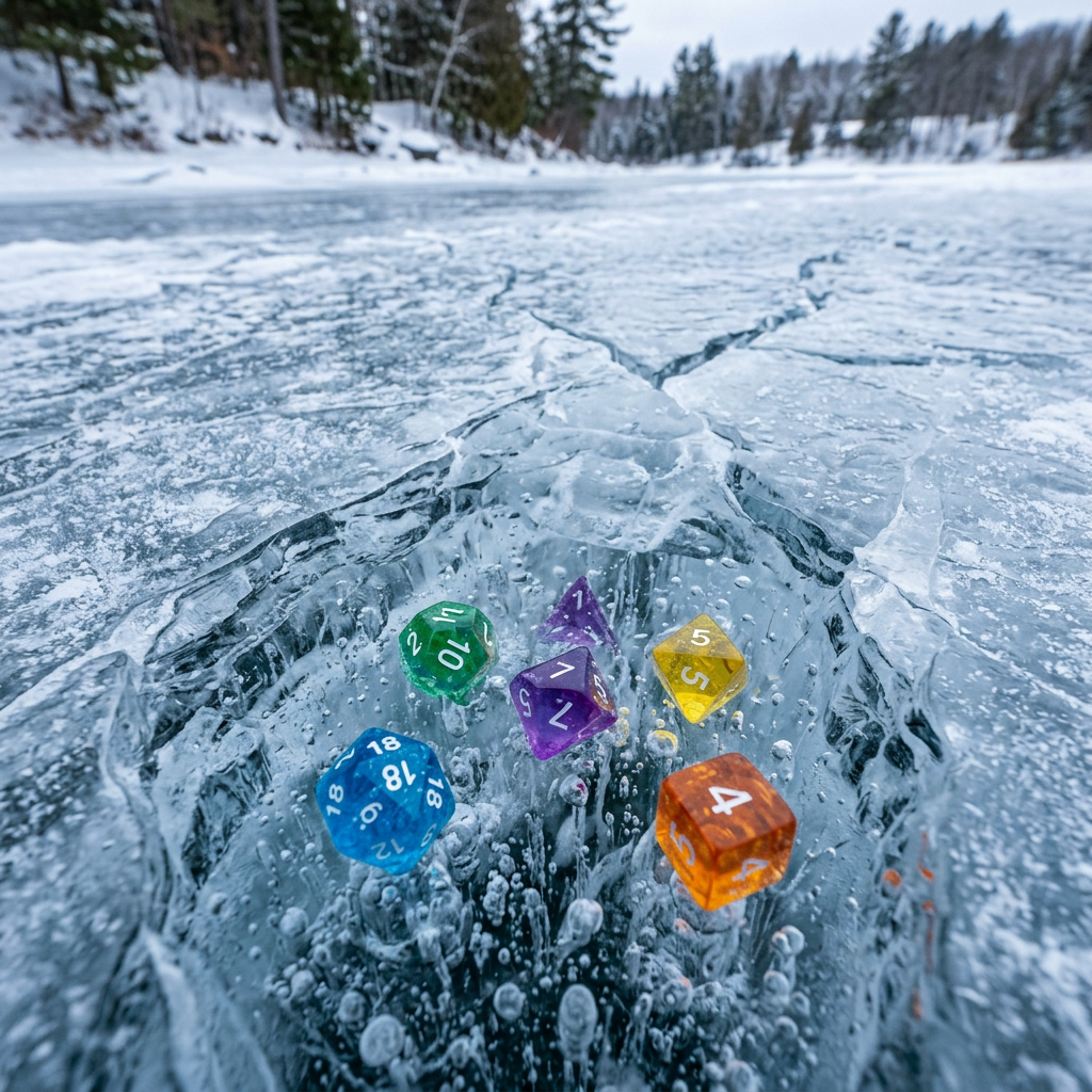 Five colored polyhedral dice embedded in a deep crack of clear blue ice with bubbles