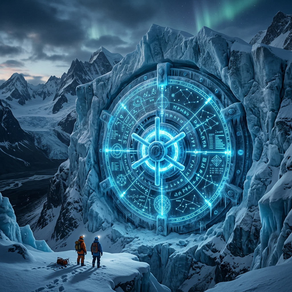 Glowing circular vault door with futuristic symbols in icy mountain landscape with two climbers