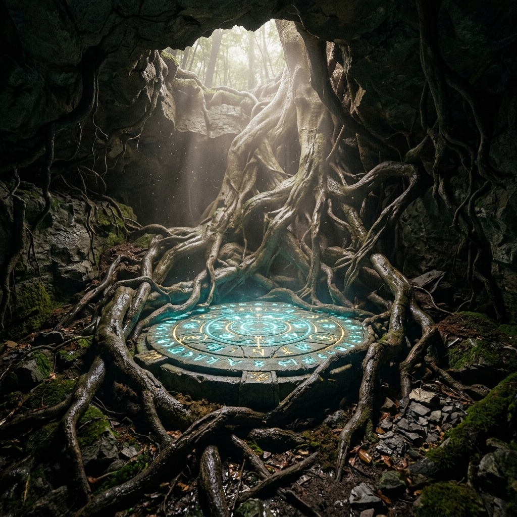 Cave interior with glowing circular runic stone encircled by tree roots