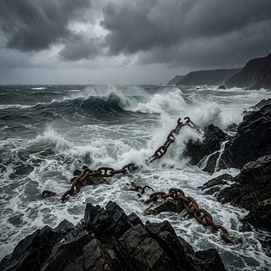 Rough ocean waves hitting rocks with large rusted metal chains in turbulent storm.