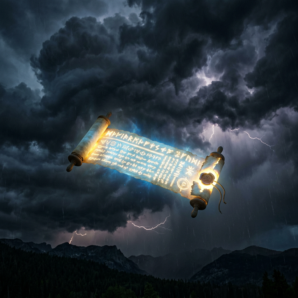 Glowing ancient scroll with mystical symbols floating against dark storm clouds and lightning