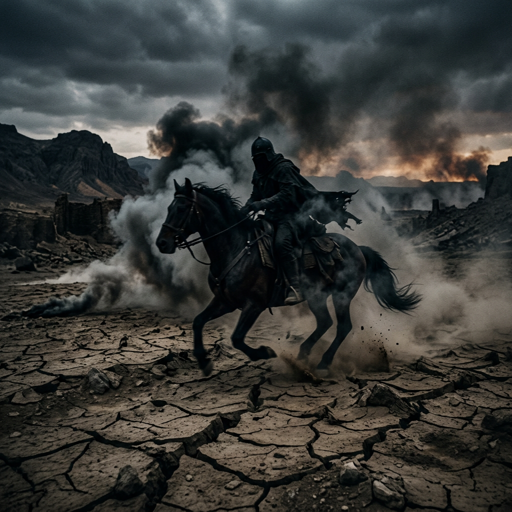 Armored knight on horse riding through cracked dry ground with smoke and mountains
