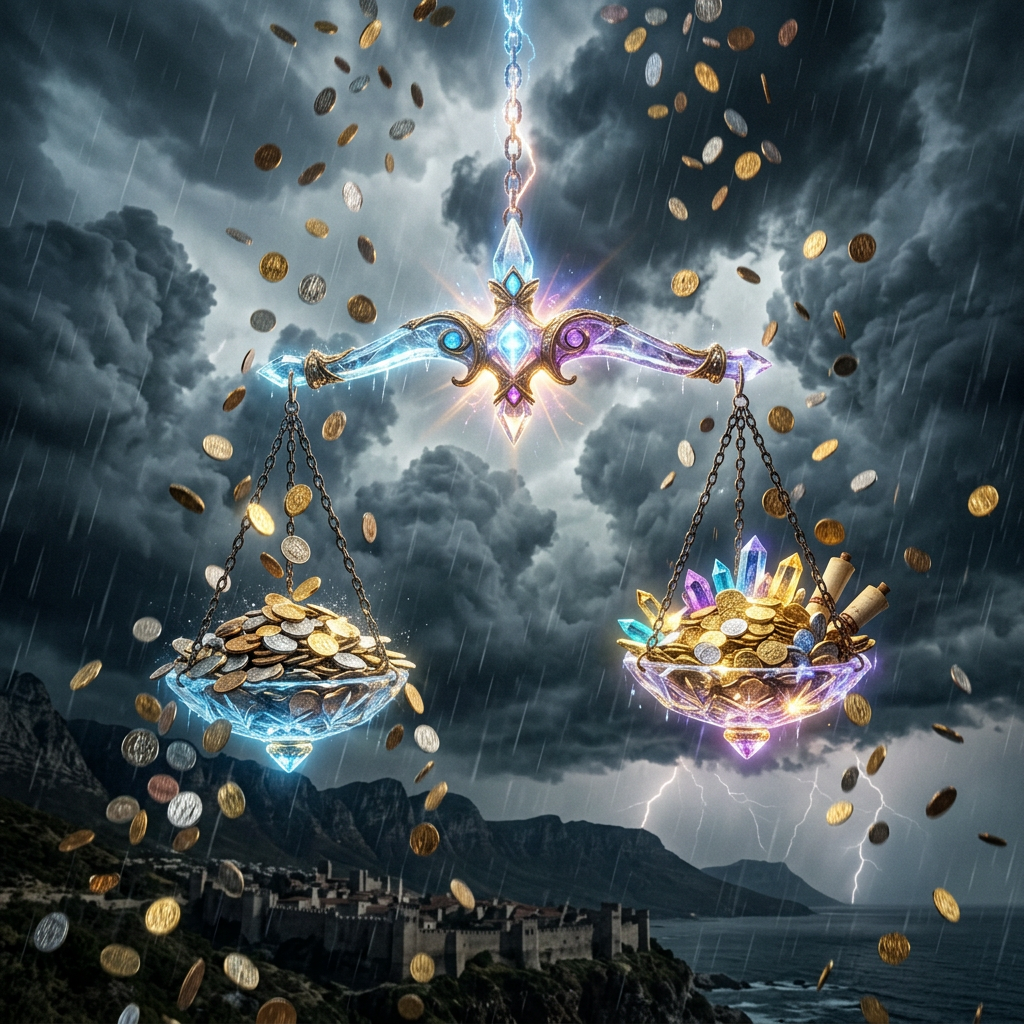 A decorative scale weighing gold and silver coins against colorful crystals and scrolls