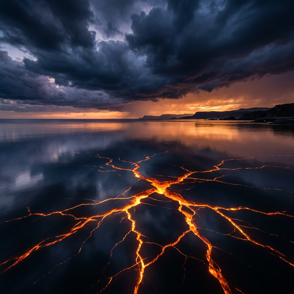 Glowing lava fissures spreading across dark ground beneath a cloudy sunset sky