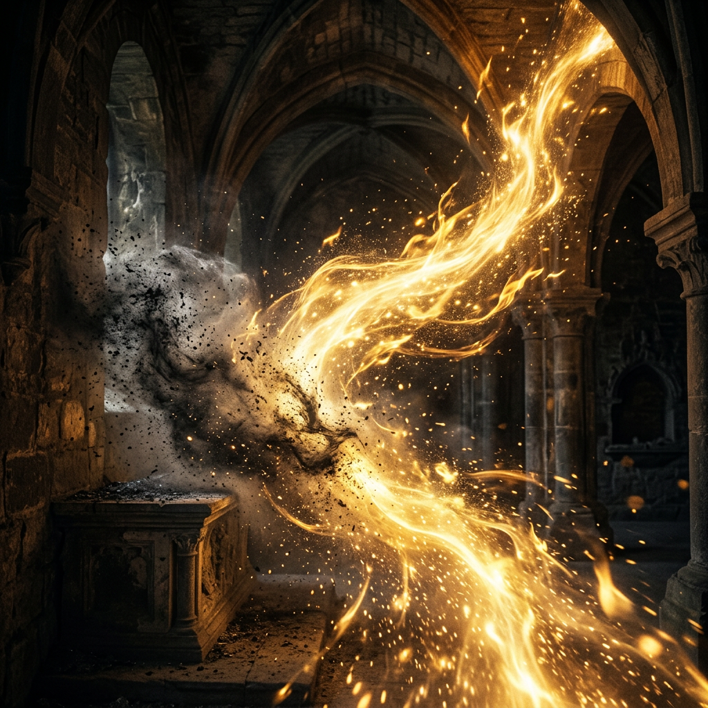 Golden flames intertwining with dark swirling ash in ancient stone interiors