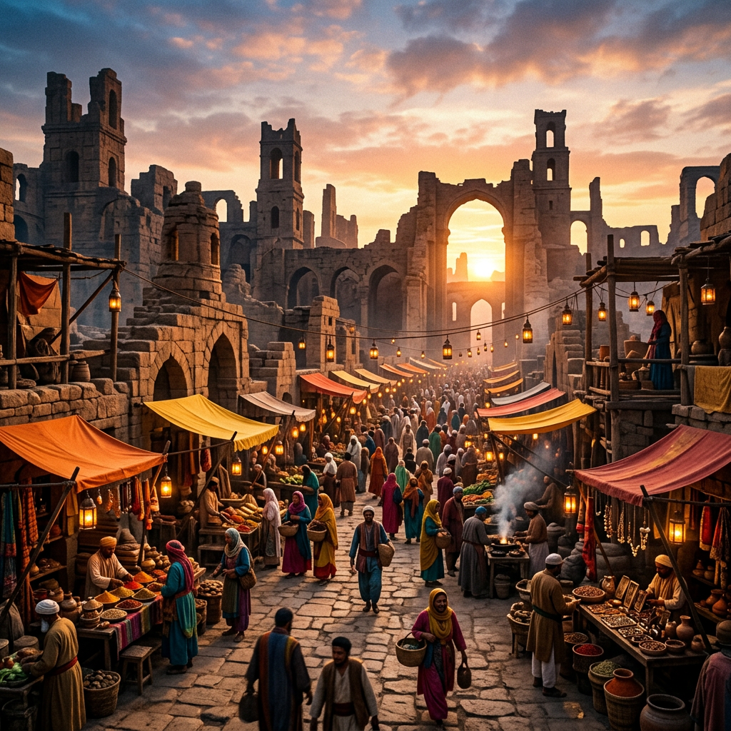 Crowded ancient market street with stalls and people under hanging lanterns at sunset