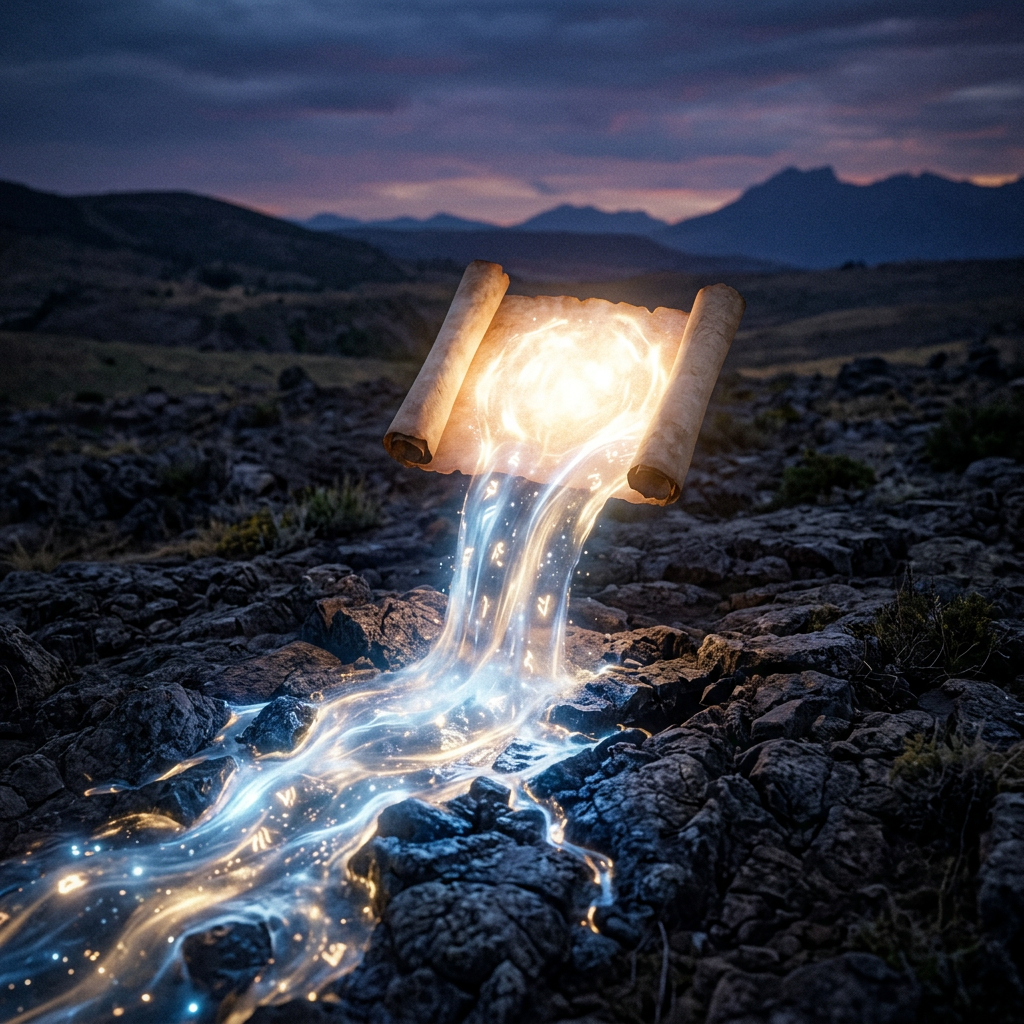 Ancient scroll glowing with magical light flowing like a river over rocks