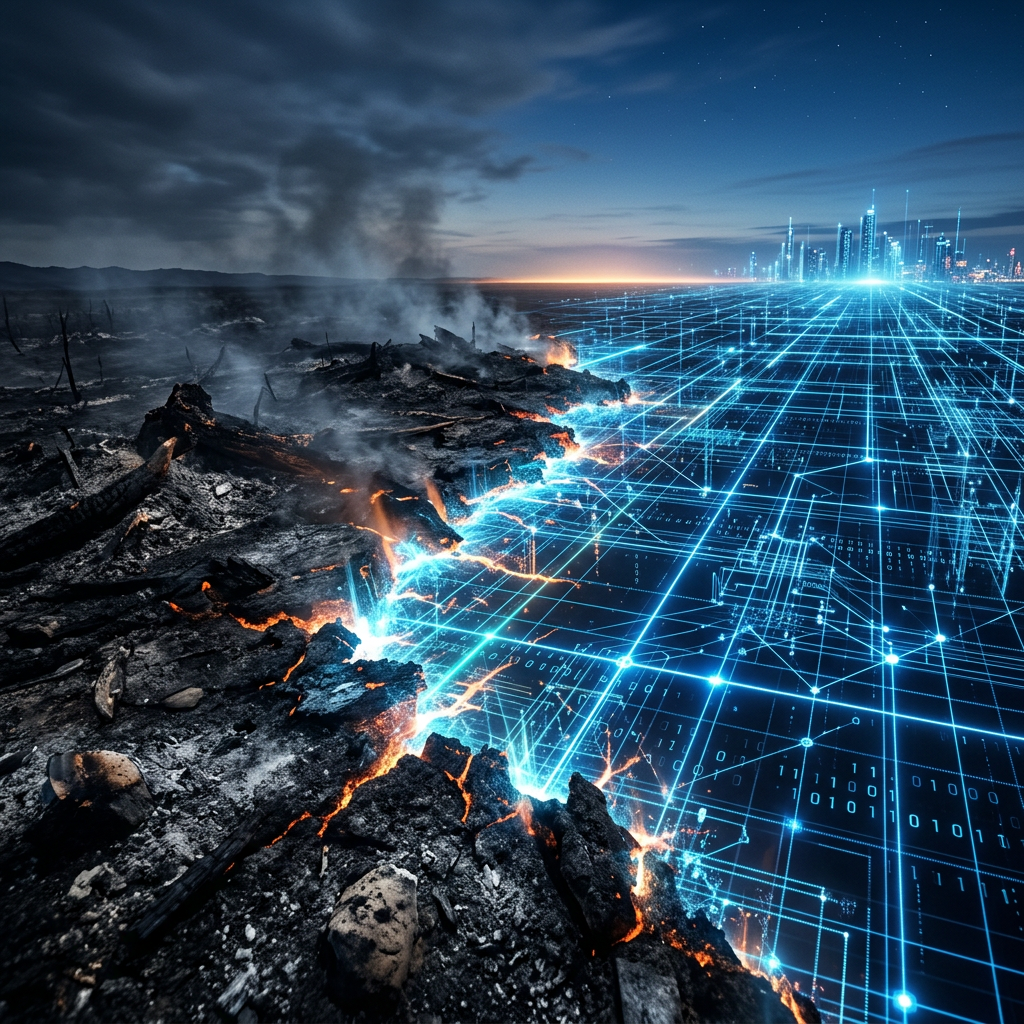 Burned forest edge transitioning to a glowing digital grid cityscape