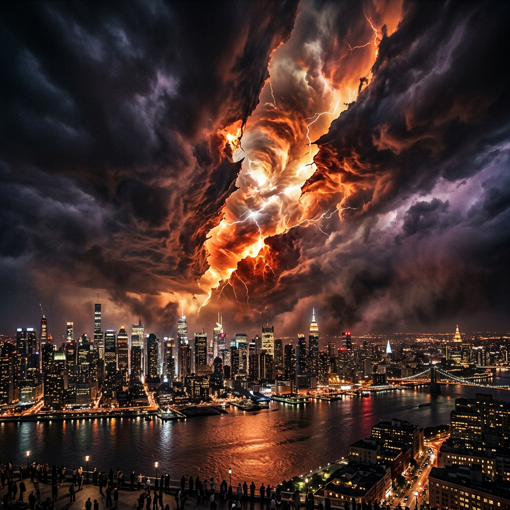 City skyline at night under dramatic swirling storm clouds with lightning