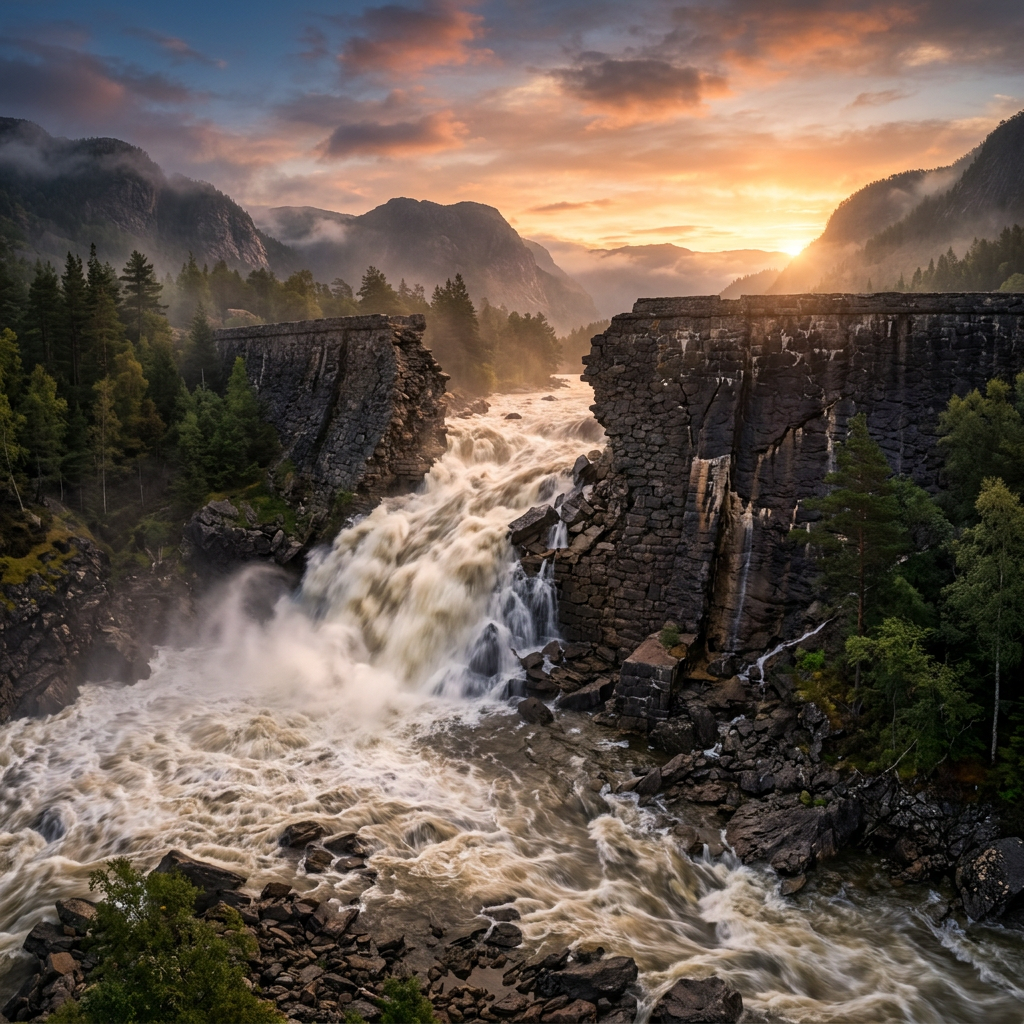 Turbulent river flowing through ruins of a stone dam in a forested mountain valley at sunset
