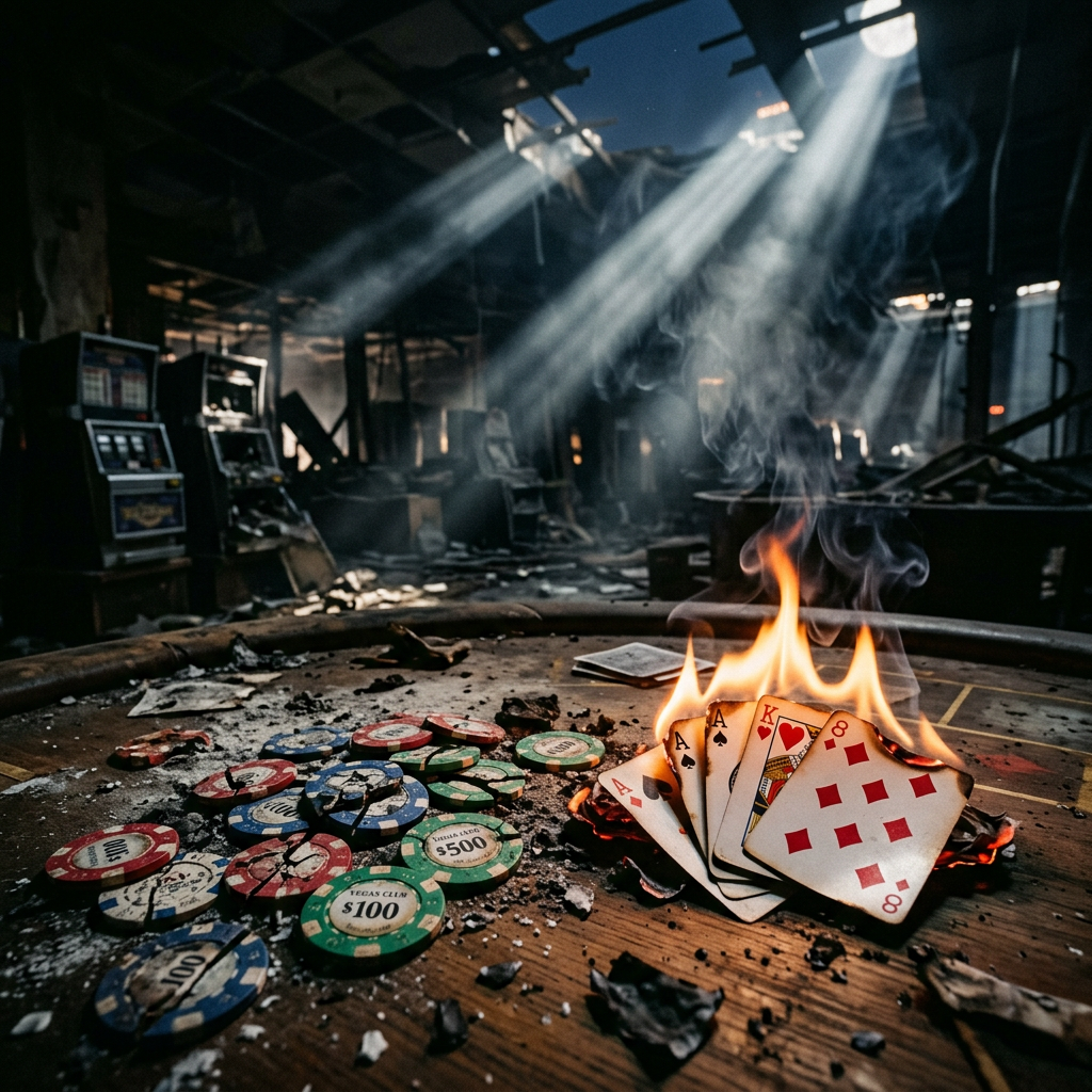 Burning playing cards and scattered poker chips on a table in a dark abandoned casino