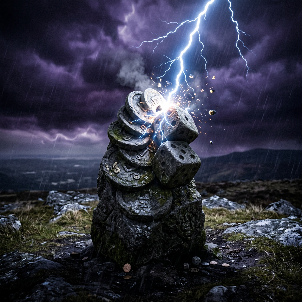 Lightning bolt hitting a stack of stone dice and coin-like stones in rainy weather
