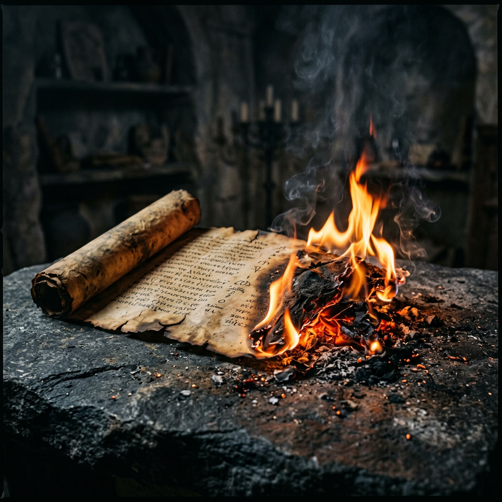 Ancient scroll with faded text burning on stone table