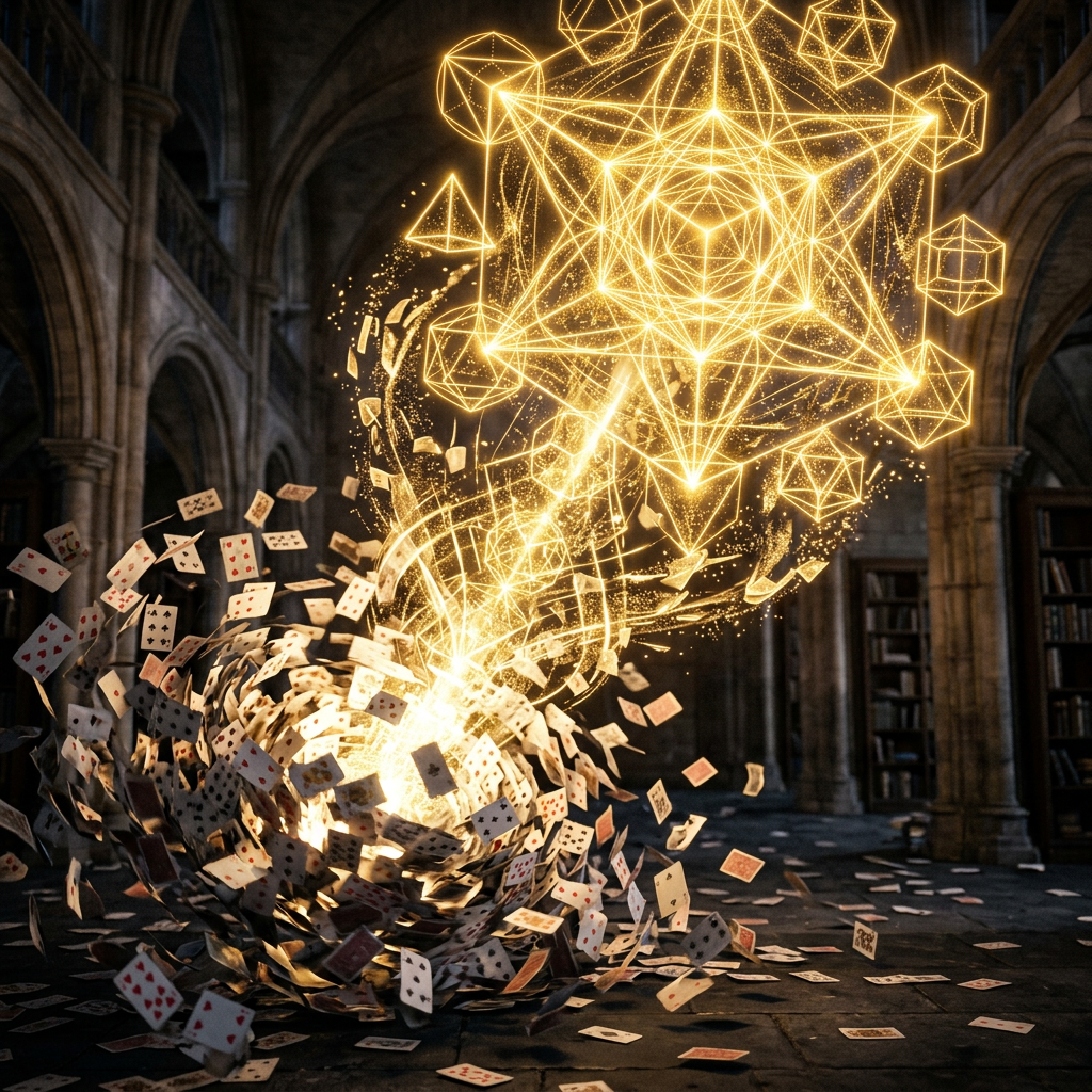 Glowing golden geometric shapes and swirling playing cards in an ancient library