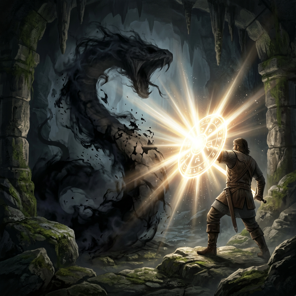 Warrior holding glowing magical shield to block dark shadow creature in cave