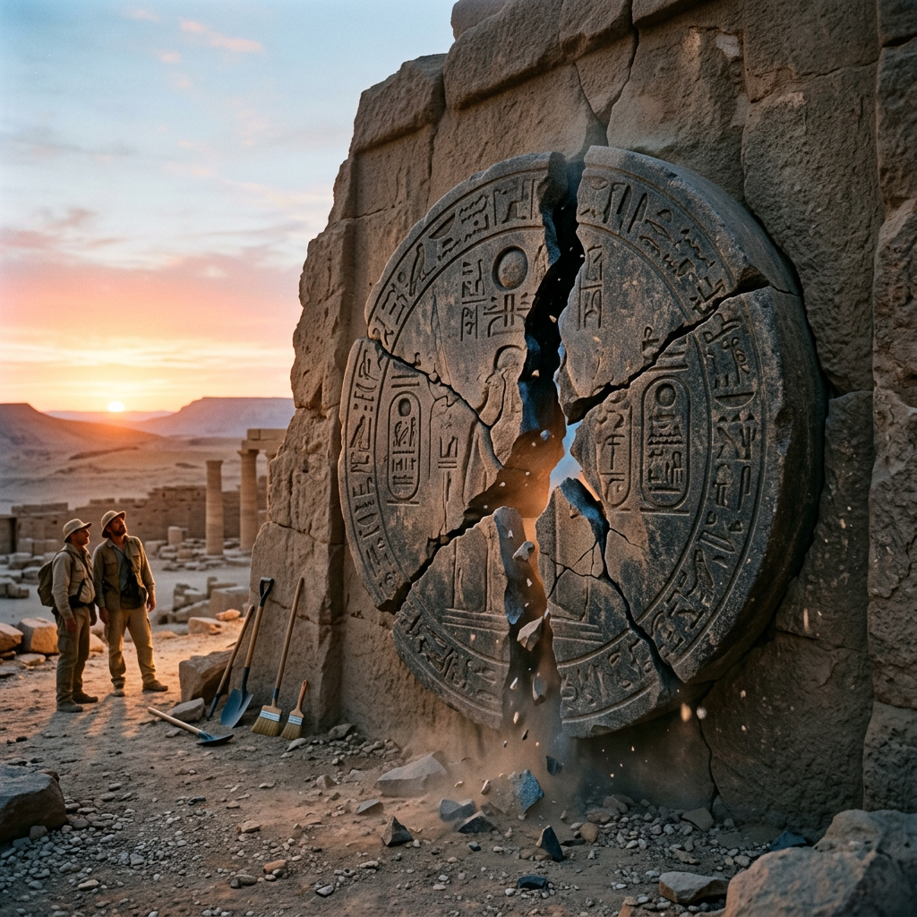 Two archaeologists standing by a cracked ancient Egyptian stone tablet with hieroglyphs breaking apart outdoors