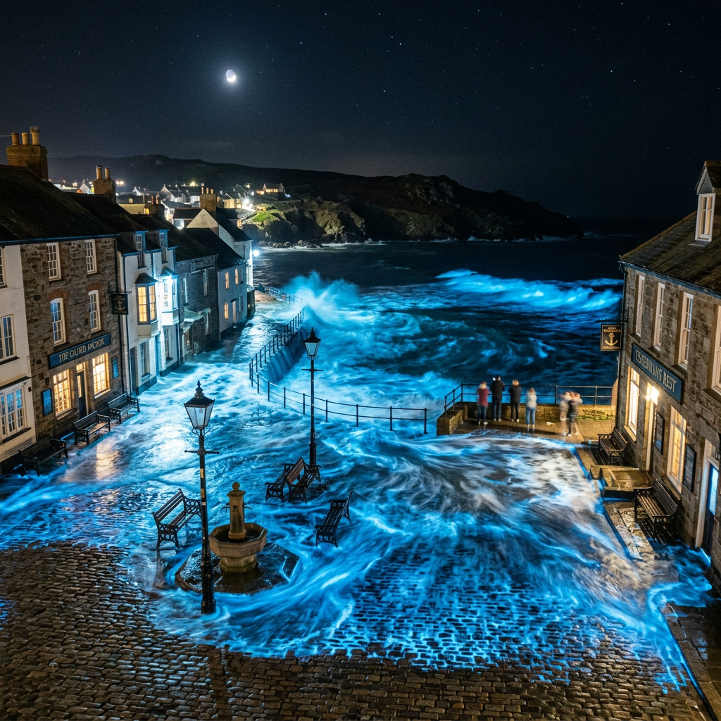 Nighttime coastal village with glowing blue bioluminescent waves flooding the harbor area.
