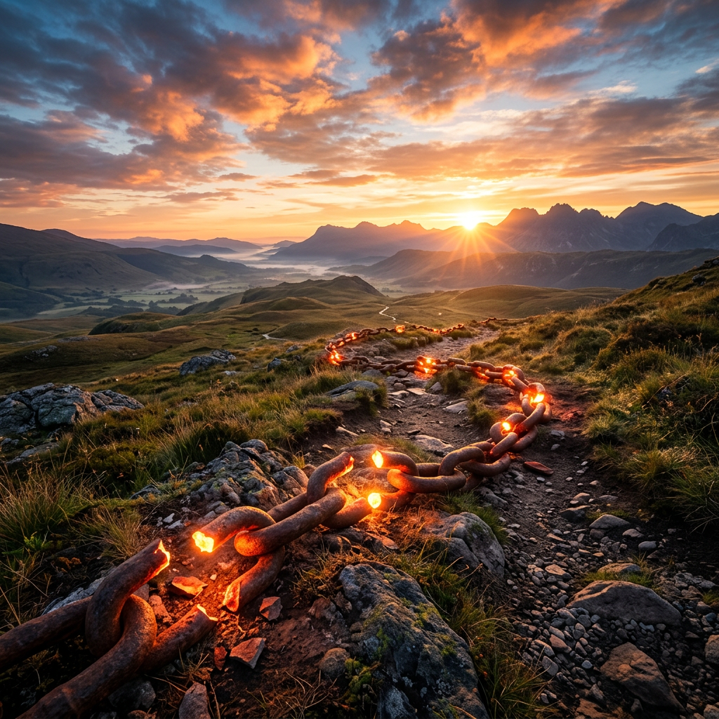 Long rusty chain with glowing molten links on rocky mountain trail at sunrise