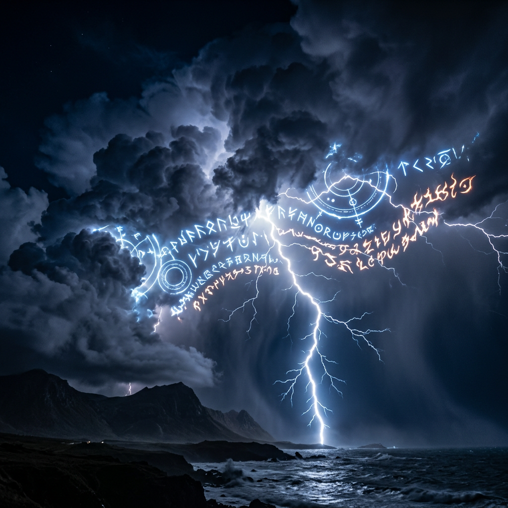 Lightning strike with glowing magical runes in dark stormy clouds over ocean