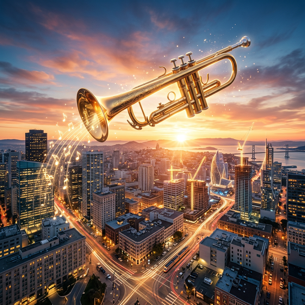 Golden trumpet floating over city skyline with musical notes and sunset