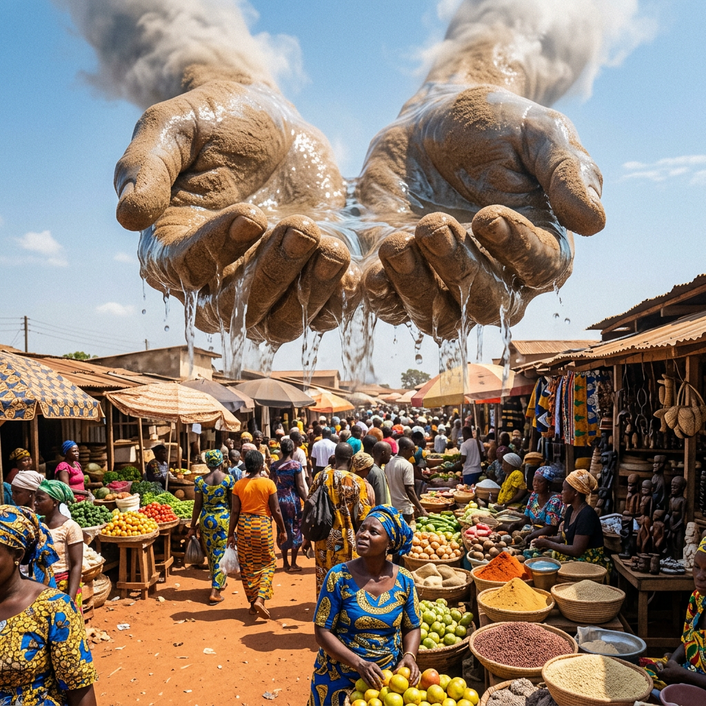 Large symbolic hands pouring water over a busy outdoor African market with colorful produce and people