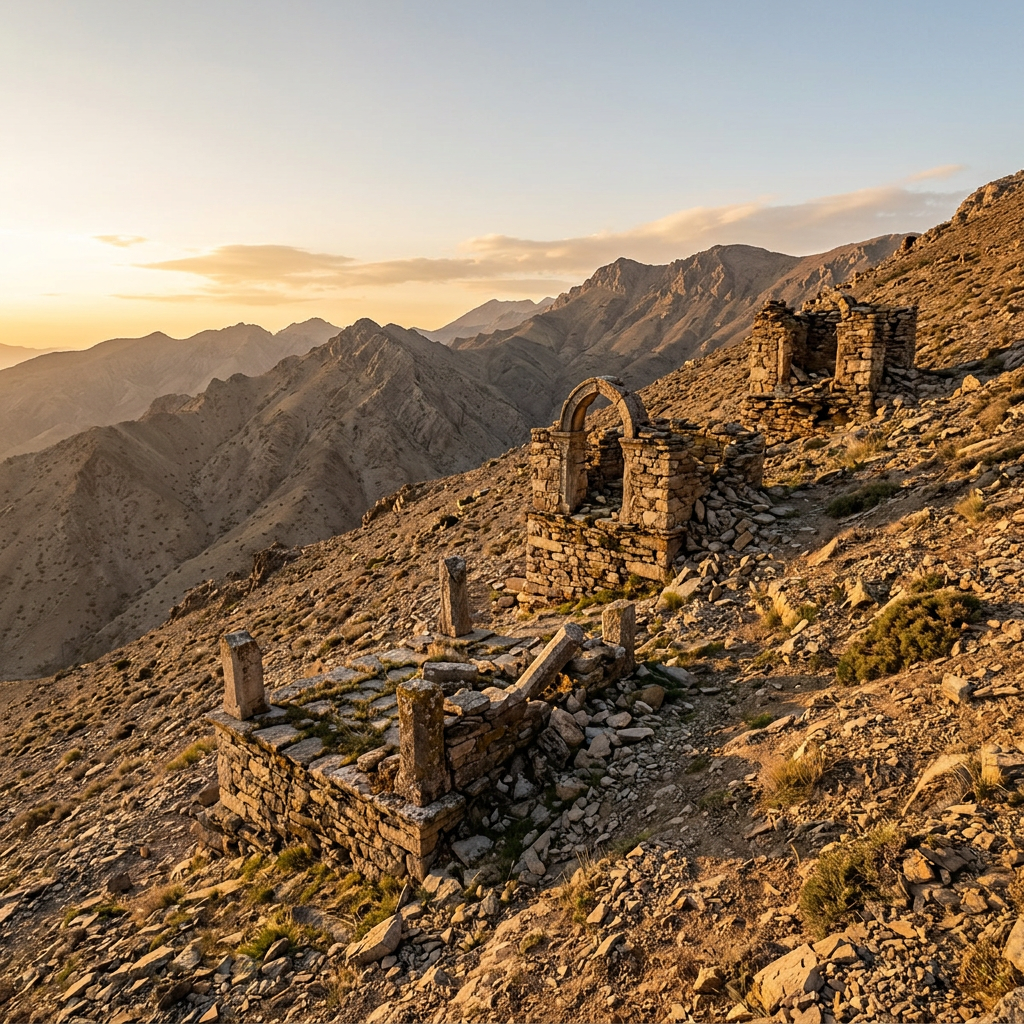 Ancient stone ruins on a rocky mountain slope with distant peaks under sunset sky