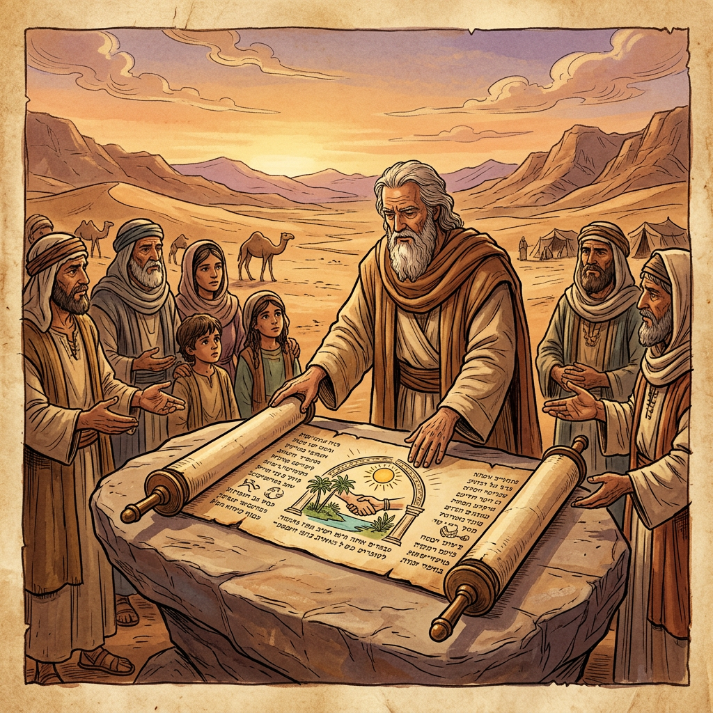 An elder presenting an ancient scroll to a group of people in desert tents