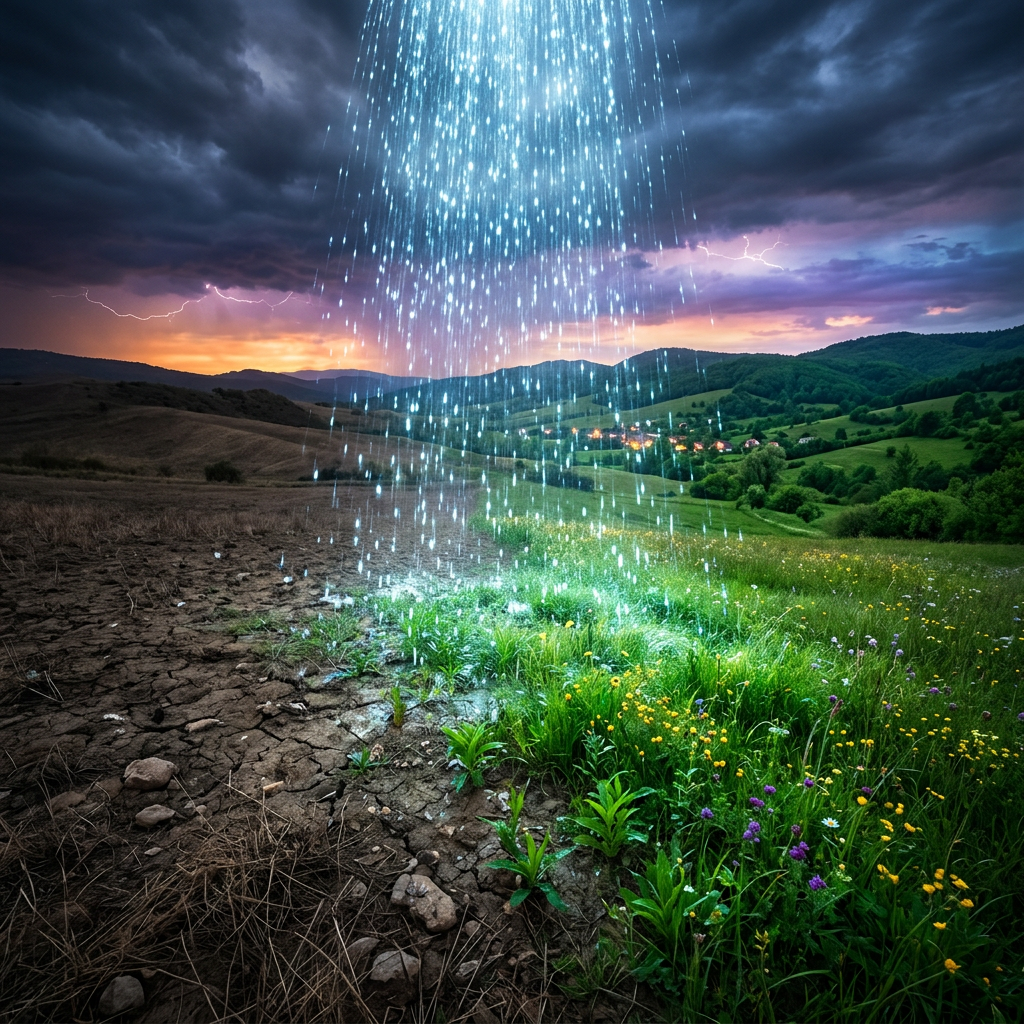 Glowing rain falling onto dry cracked earth turning it into vibrant green plants and flowers
