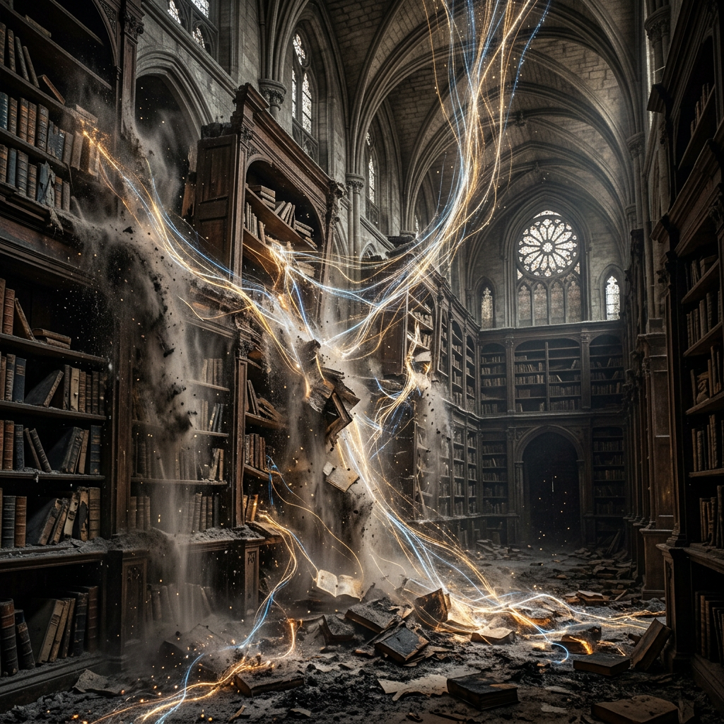 Ancient library interior with bookshelves collapsing and magical energy streams