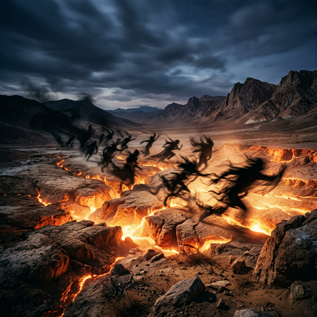 Shadowy silhouettes jumping over glowing fissures in rocky desert landscape under cloudy twilight sky