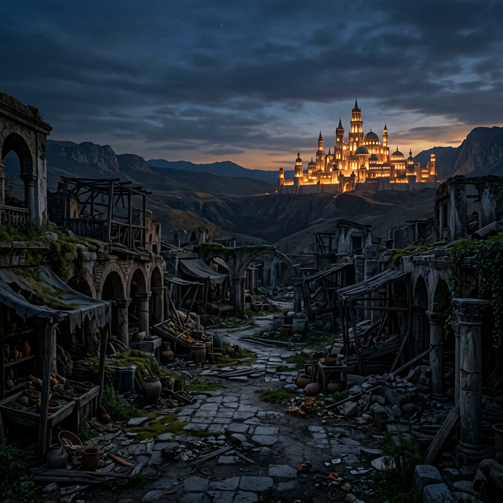 Deserted medieval stone street with ruins and market stalls, glowing castle in background at twilight