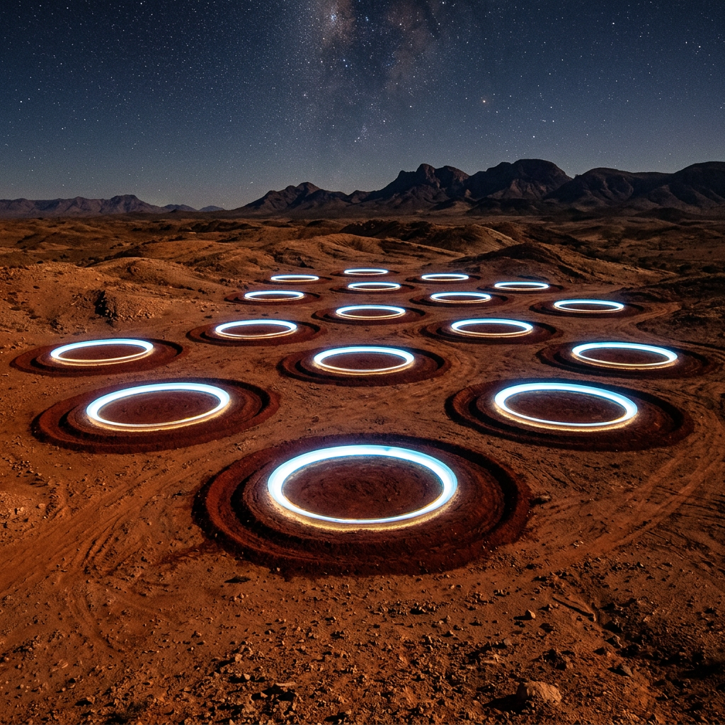 Glowing blue circular rings arranged on desert ground at night with mountains and stars
