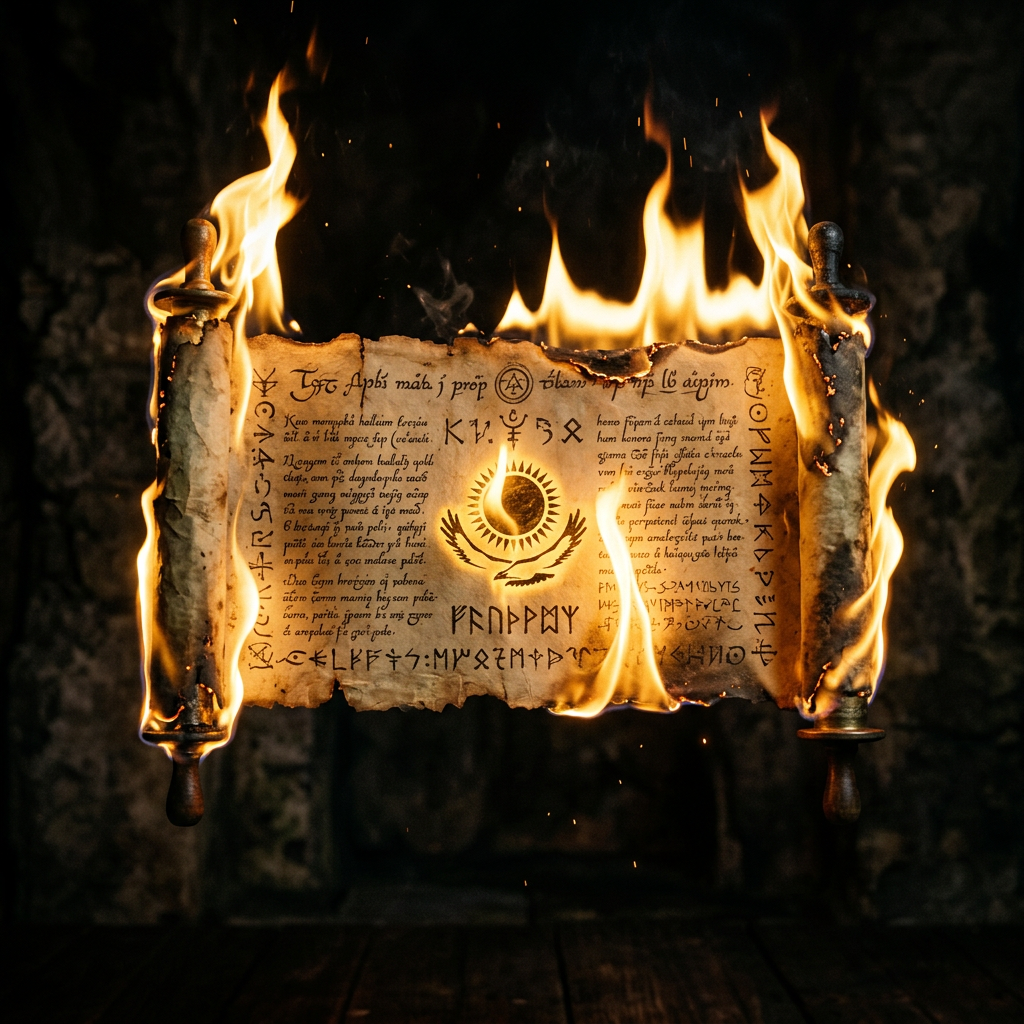 Ancient parchment scroll with magical symbols surrounded by flames