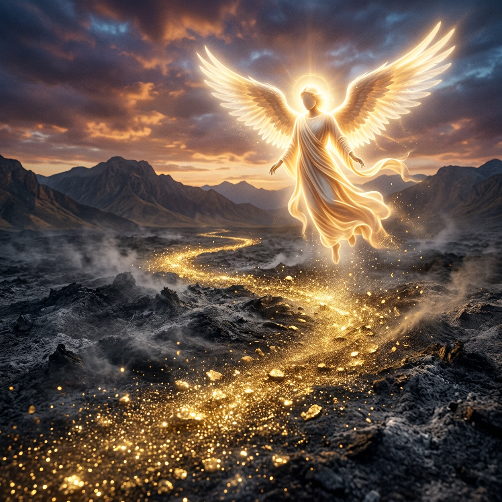 Glowing angel with wings flying over dark rocky terrain with golden sparkles path