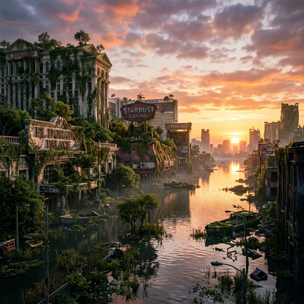 Flooded Las Vegas Strip with overgrown vegetation and ruined casinos at sunset