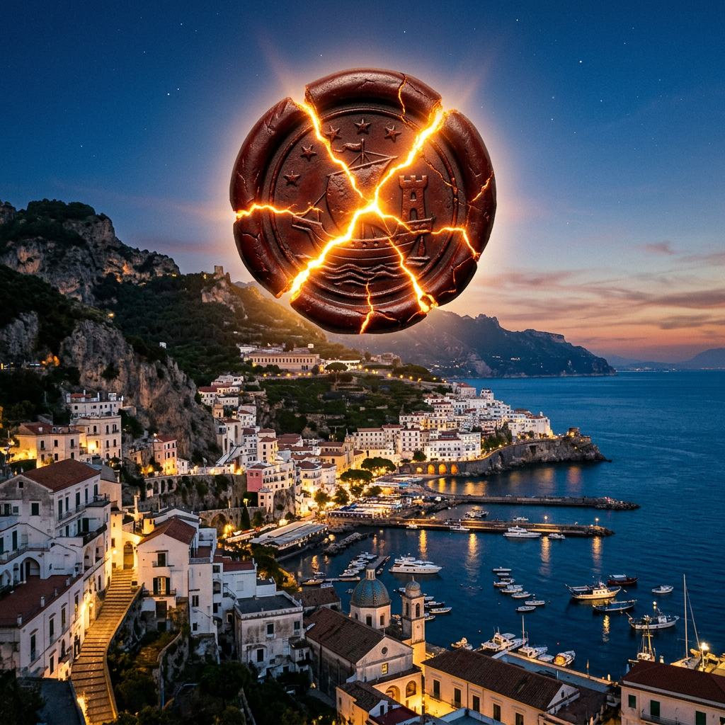 Cracked glowing wax seal with emblem floating above coastal town at sunset