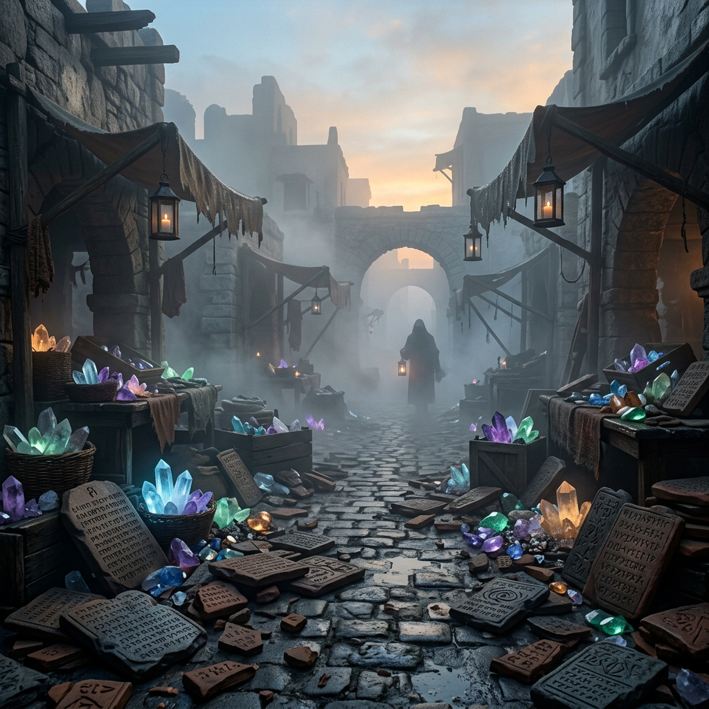 Foggy medieval market street with glowing crystals on stalls and ancient tablets scattered