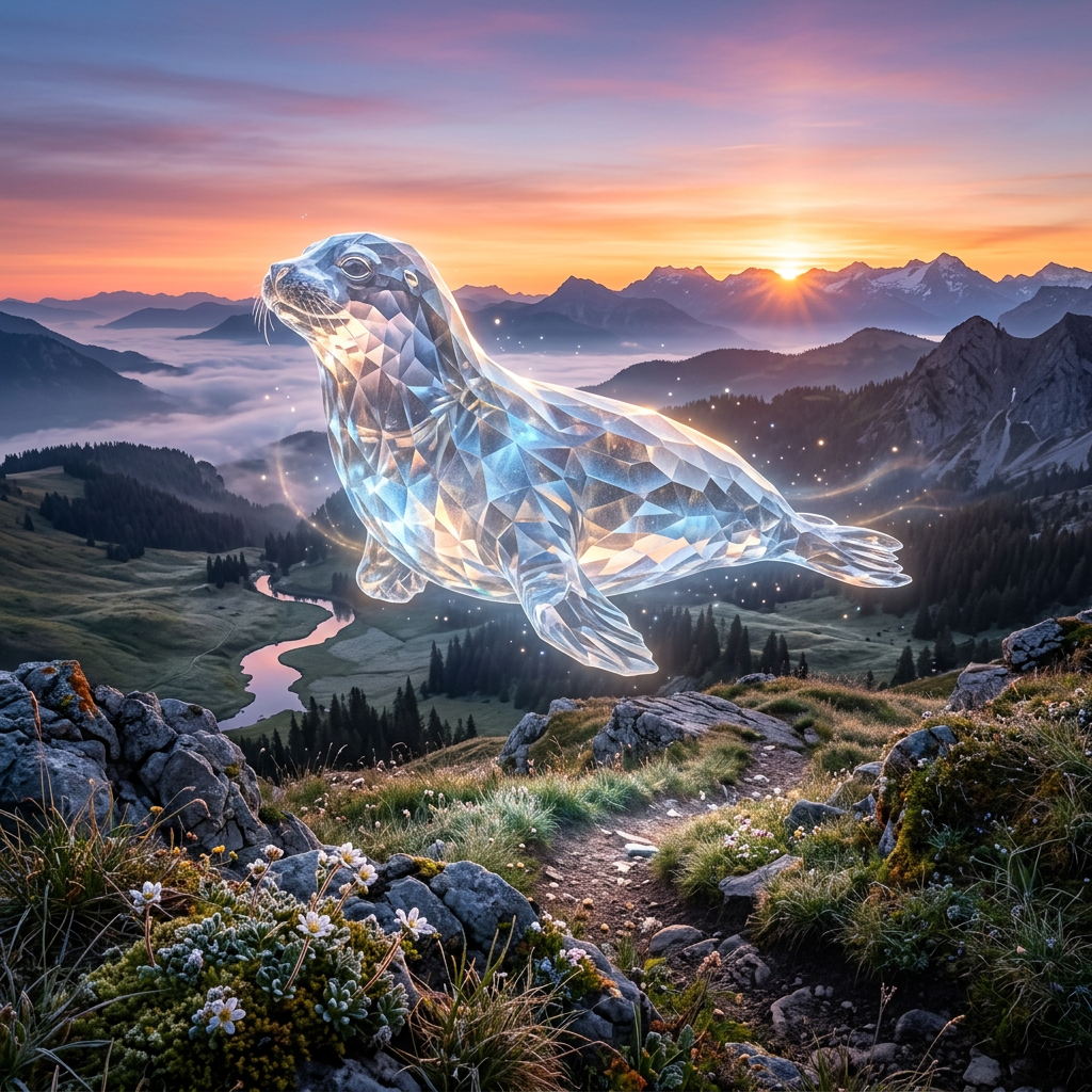 Crystal-like seal floating above mountain valley at sunrise with river and flowers