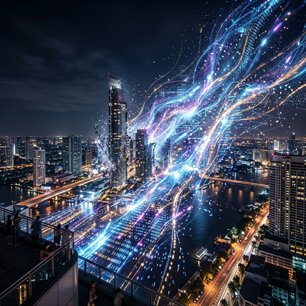 Night city skyline with streams of colorful digital data flowing above buildings