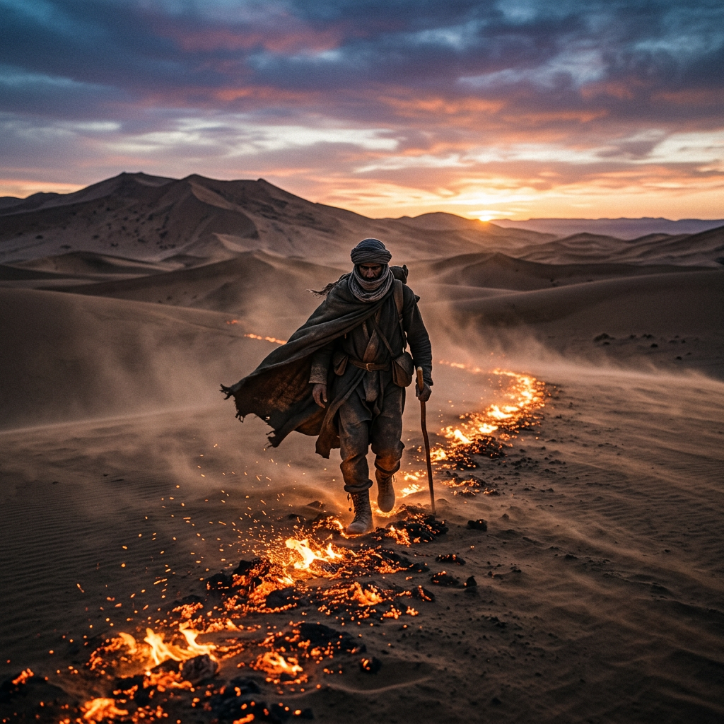 A person in a cloak and headscarf walking through desert sand with burning embers on the ground