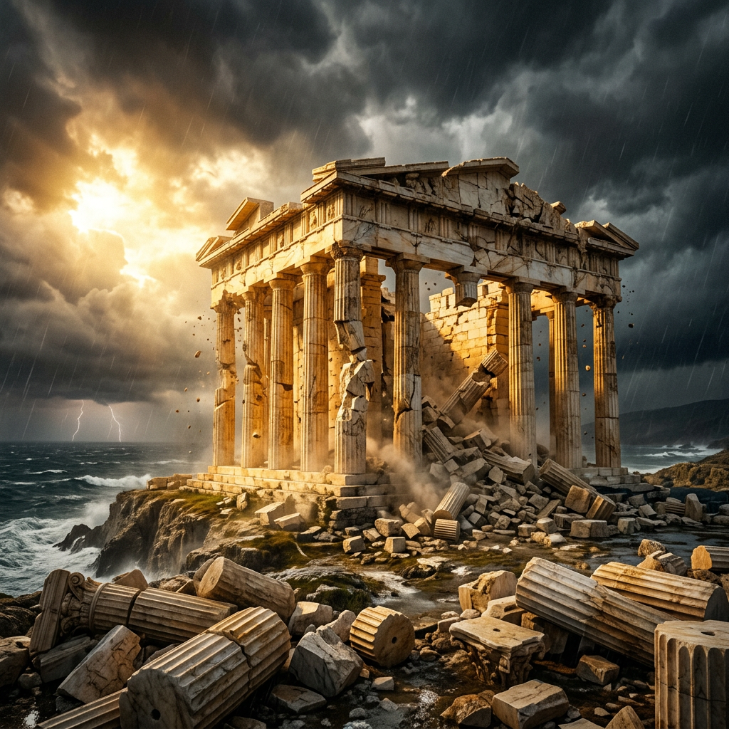 Ruined ancient temple with fallen columns during stormy weather