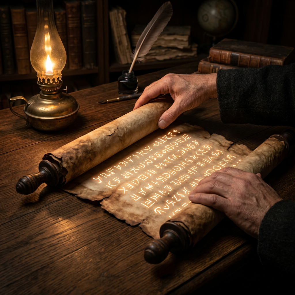 Hands unrolling an ancient glowing scroll with mystical symbols beside an oil lamp.