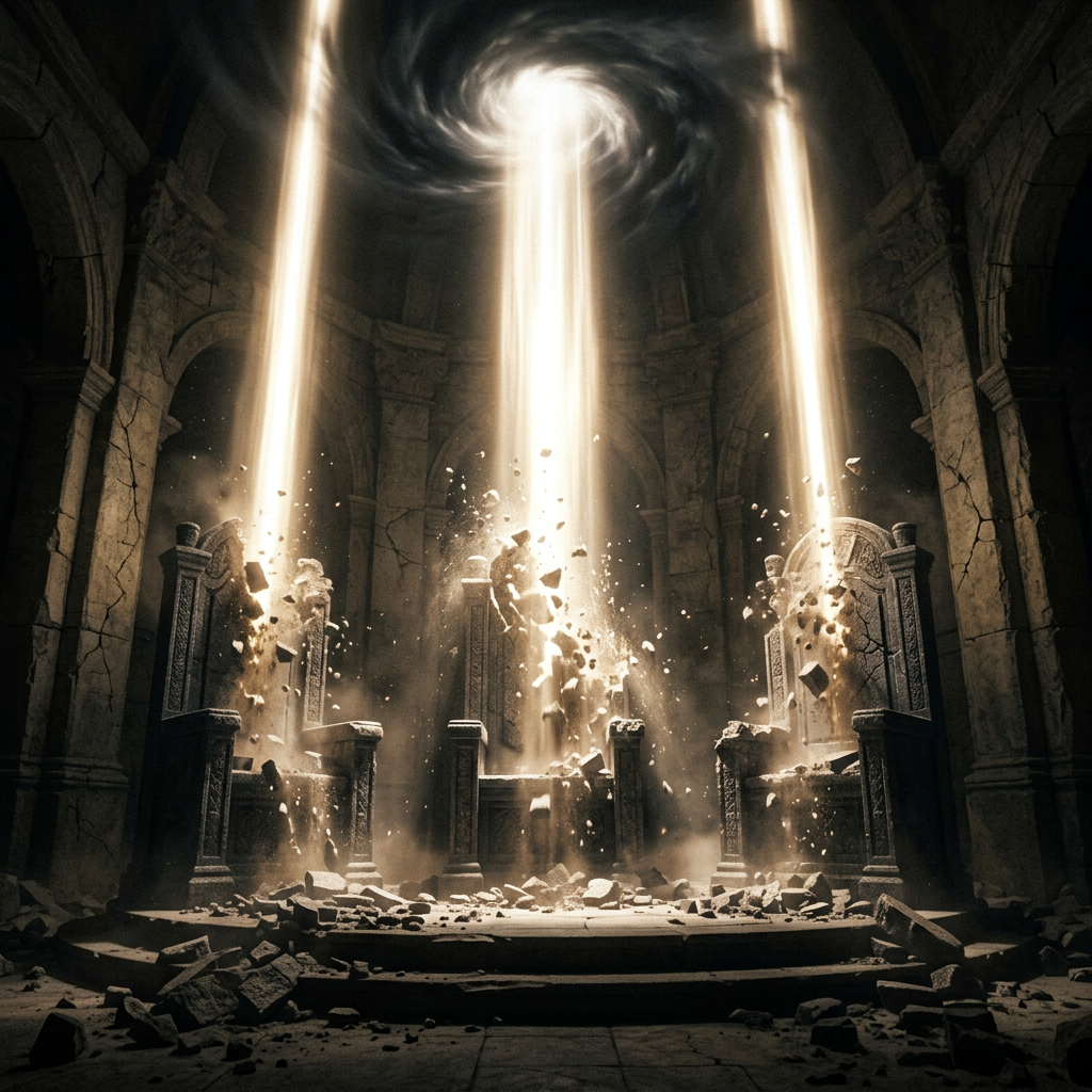 Three ancient stone thrones breaking apart with beams of light shining down in a dark stone hall