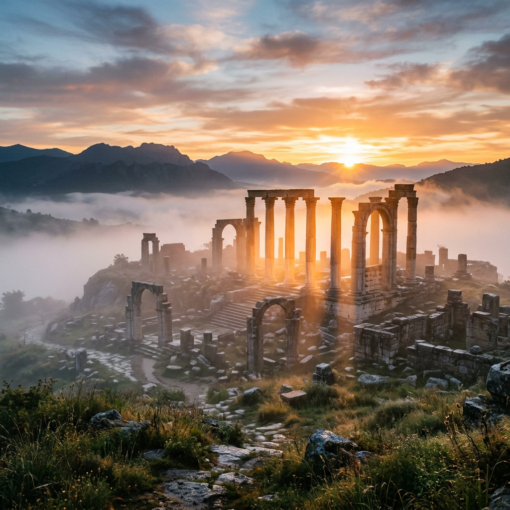 Ancient stone ruins with columns and arches lit by sunrise amidst mist and mountains